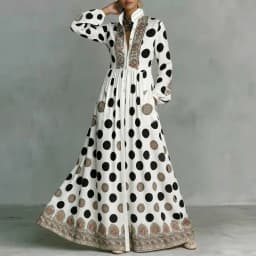 UOOZEE 2026 New Vintage Ethnic Printed Polka Dot Maxi Dresses For Women Long Sleeves Stand Collar High Waisted Party Shirt Dress