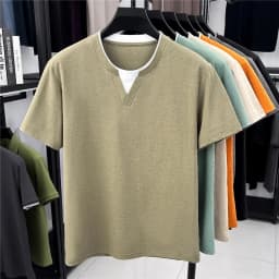 2026 New Men's Mock Neck Tee With Contrast Inner Layer Design Short Sleeve Casual And Comfortable