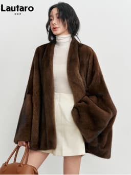 Lautaro Winter Luxury Elegant Thick Warm Soft Brown Bat Sleeved Faux Mink Fur Coat Women with V Neck Stylish Chic Fluffy Jacket