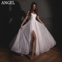 ANGEL Spaghetti Strap V-Neck Sparkling Wedding Dresses for Women Customized Side Split Glitter Bridal Party Gowns Hochzeitskleid