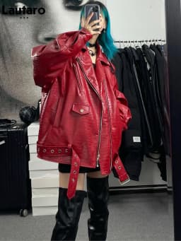 Lautaro Spring Autumn Oversized Red Shiny Crocodile Pattern Leather Biker Jacket Women Long Sleeve Zipper Belt Cool Fashion 2022