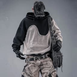 Contrast Color Patchwork Techwear Style Casual Hoodies Man Autumn Tactical Function Washed Distressed Design Long Sleeve Tops