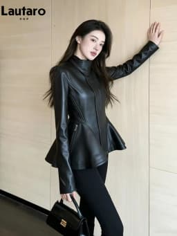 Lautaro Spring Autumn Cool Black Retro Soft Pu Leather Jackets for Women Zipper Stand Collar Elegant Luxury Designer Clothes