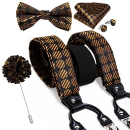 Luxury White Men's Suspenders Adjustable 6 Clips Braces DiBanGu Leather Metal Pre-Tied Bow Tie Brooch Pocket Square Set