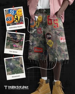 Vintage Camo Embroidery Patch Denim Short Y2k Jeans Men Women Hip Hop Cartoon Graphics Streetwear Loose Denim Casual Shorts