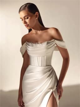 Customized Off Shoulder Boat Neckline Trumpet Wedding Dress Lace-up Back Floor Length High Slit Sweep Train Gown For Bride 2026