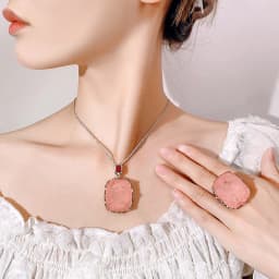 Large Cushion Cut Pink Rose Quartz Pendant Necklace Adjustable Ring Red Ruby Accent Statement Jewelry for Women Party Gift