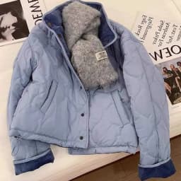 Women's Quilted Puffer Jacket with Corduroy Trim Stand Collar, Button Front, Cropped Lightweight Winter Coat