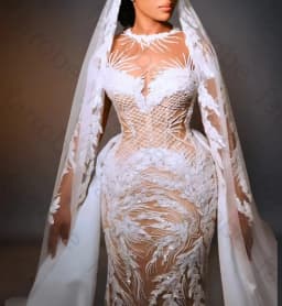 Customized Illusion Mermaid Ivory O-Neck Wedding Dresses Elegant Lace Celebrity Dress Exquisite High Quality Prom Party Gowns