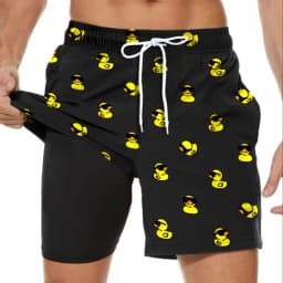 Men's Cute Rubber Duck Print Swim Trunks Quick Dry 2 in 1 Board Shorts Loose Fit Beach Pants for Swimming Surfing Vacation