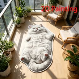 VIKAMA Lying Fluffy White Cat Shaped Doormat 2D Painting Flannel Non Slip Waterproof Floor Mat Bedroom Animal Decor Rug