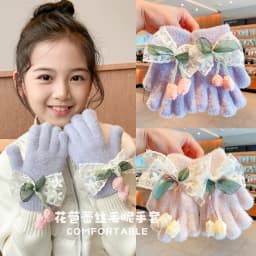 Kids Lace Bow Plush Full Finger Gloves For Girls Cute Flower Bud Decor Girls Winter Warm Windproof Faux Mink Fur Kawaii Gloves