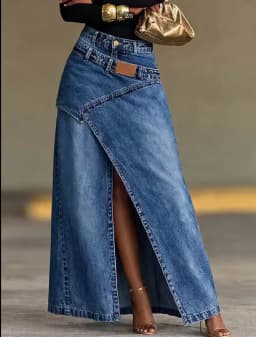 Ladies Vintage Washed Denim Long Skirt Irregular Overlap Design High Split Maxi Skirt High Waist Fashion Casual
