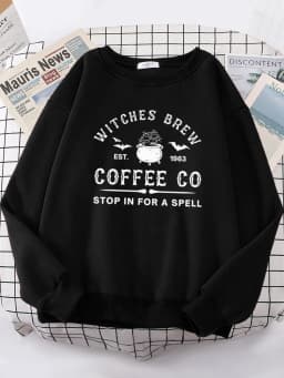 Witches Brew Coffee Letter Printing Simple Autumn Womens Sweatshirts Casual Fleece Long Sleeves Warm All-Match Woman Pullover