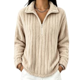 Women's Autumn Winter Turn Collar Ribbed Fleece-lined Warm Zip-up Long-sleeved Sweatshirt