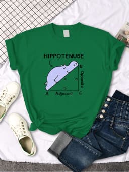 Women T-Shirt Hippo Sleeping On Math Problem Printing Shirt Females O-Neck Loose Oversize Top Slim Kawaii Animal Ladies T Shirt