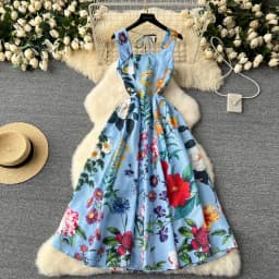 Vintage Elegant Pleated Square Collar sleeveless Print Dress A-line Fashion Spring summer Vestidos Women Bandage Dresses