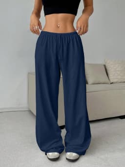 New Women's Fashion Comfortable Solid Color Pants Loose Wide Leg Sporty Casual Elastic Waist Pants