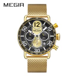 MEGIR Waterproof Quartz Watch with Blue Dial Chronograph Stainless Steel Mesh Strap Date Multifunctional Sports Wristwatch Brig