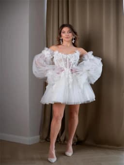 Customized Boat Neckline With 3D Flowers Long Puff Sleeves Tulle A-Line Mini Wedding Dress Elegant Lace-up Back Gown For Bride
