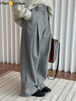 HanOrange 2026 Heavy Weight Winter Retro Herringbone Wool Pressed Double Pleated Trousers Women Wide Legs Pants Gray/Brown