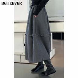 BGTEEVER Chic Stylish Warm Loose A-line Skirts for Women Autumn Winter Elegant High Waist Pockets Ladies Mid-Length Skirts
