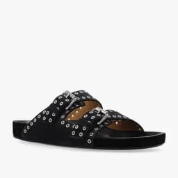 Rivet Belt Buckle Flat with Slippers Round Toe Black Solid Women Shoes Summer Slides Casual Outside Fashion Newest Slip On 2023