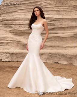 EBDOING Wedding Dress Mermaid Satin 2 in 1 Boat Neck Sleeveless WIth Big Bow Detachable Train Customized Bride Gowns