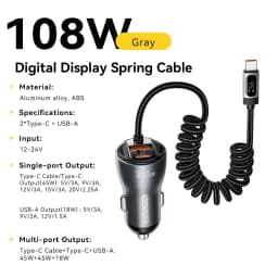 Essager 108W Car Charger with USB-C & USB-A Ports PD QC4.0 Fast Charging Digital Display Spring Cable for iPhone 17 pro MacBook