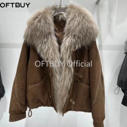 OFTBUY Women Suede Cropped Coat Winter Warm Drawstring Hem Daily Wear Outerwear Oversized Real Fox Fur Collar Goose Down Jacket