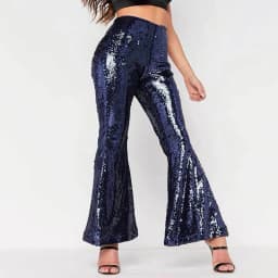 Rave Carnival Flare Pants Women's Glitter Beading Sequins High Waist Boot Cut Pants Sliver Slim Fit Stretchy Nightclub Pants