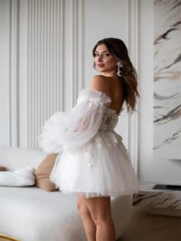 Customized Boat Neckline With 3D Flowers Long Puff Sleeves Tulle A-Line Mini Wedding Dress Elegant Lace-up Back Gown For Bride