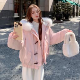 Winter New Horn Button Hooded Down Cotton Jacket Women Chic Faux Fur Collar Baggy Parkas Coat Korean Street Warm Padded Jackets