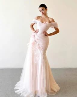 MisShow Customized Pink Off-The-Shoulder Mermaid Wedding Dress Flowers Tulle Sleeveless Wedding Party Dress Evening Dresses