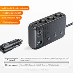 228W 9 in 1 Car Charger Adapter Charge Independent Switches PD36W/45W QC3.0 18W 3 Socket Cigarette Lighter Splitter with Voltage