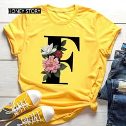 Large Size Yellow T-shirt for Men And Women with Black Fashion Trend Print of Flowers 26 English Letters Casual Short Sleeve Top