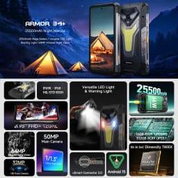 Ulefone Armor 34+ NFC 5G AI Rugged Phone 25500mAh Up to 32GB+512GB 120Hz Display 6.95" Android 15 Smartphon