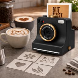 3D Printed Latte Art Camera One‑Touch Coffee Printer with 8 Stencil Cards Miniature Instant Camera Coffee Stencils Latte Art