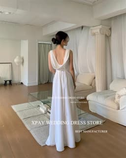 XPAY Elegant Scoop Neck Korea Wedding Party Dresses Cowl Backless Satin Customized Bride Dress Backless Bridal Gown Photos Shoot