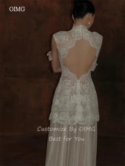 OIMG Modern Lace High Neck A Line Wedding Dress Sleeveless Backless Bride Dresses Floor Length Wedding Gowns 2026 Customized