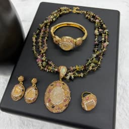 Vintage 4pcs Necklace Earring Ring Bracelet Crystal Stone Jewelry Sets for Women Natural Amethyst Tigers Eye Statement Jewelrys
