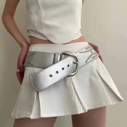 New Rivet Wide Version Belt for Women's Fashionable Silver Rock Glossy Metal Buckle Retro Wide-Edged Belt