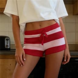 Womens Y2K Striped Drawstring Knit Shorts Low Rise Stretch Bodycon Mini Shorts Vintage Color Block Crochet Bottoms Streetwear