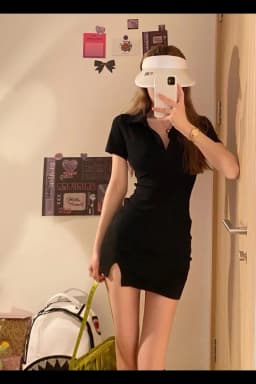 Collar Short Sleeve Slimming Sexy Korean Style High Waist A-Line Dress with Slit for Young Women Summer Fashion