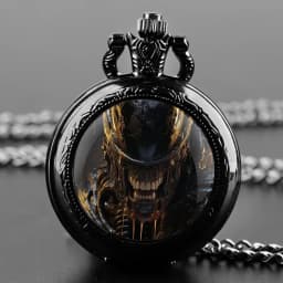 Alien Xenomorph Design Glass Dome Quartz Pocket Watch with Chain Vintage Men Women Necklace Pendant Clock Best Gifts for Kids