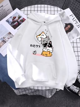 Cute Stacked Cats Sleeping Don'T See The Mouse Women Hoodies Fashion Loose Pullover Casual Fleece Hoody Trend Soft Female Sweat