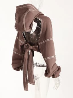 [EAM] Brown Back Bow Irregular Cut-out Sweatshirt New Hooded Long Sleeve Women Big Size Fashion Tide Spring Autumn 2026 1DF1820