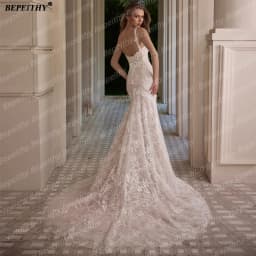 BEPEITHY Customized Luxury Beading Mermaid Wedding Dresses 2025 V Neck Sleeveless Lace Trumpet Ivory Bride Champagne Bridal Gwon