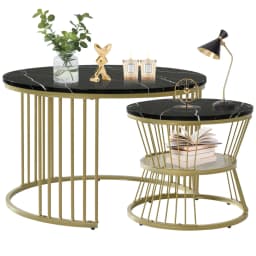 Rosahqnda Marble Look Coffee Table,Round Gold/Black Frame,Set of 2,Modern Living Room Stackable Table,Side Table for Living Room