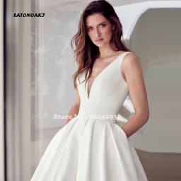 Customized Simple Satin V-neck Wedding Dress for Bride Backless A-line Princess Bridal Gown with Pockets Robe Vestidos De Novia